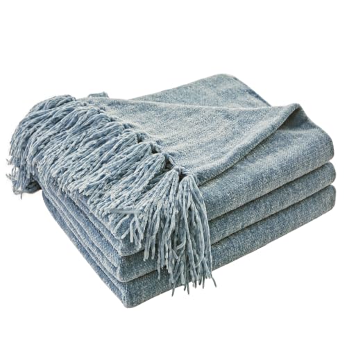 Chenille Throw Blanket with Fringe, Dusty Blue Plush Sofa Throw 50"x60"