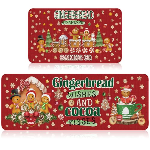 2-Piece Gingerbread Man Christmas Kitchen Rug Set - Non-Slip Holiday Floor Mats