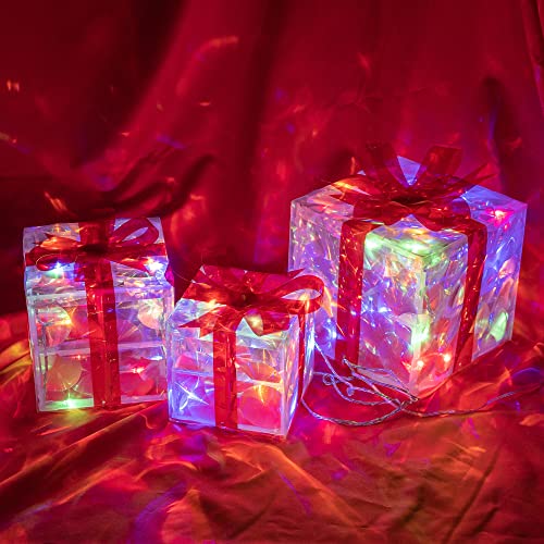 Hourleey Set of 3 Christmas Lighted Gift Boxes - Pre-lit Outdoor Indoor Holiday Decor