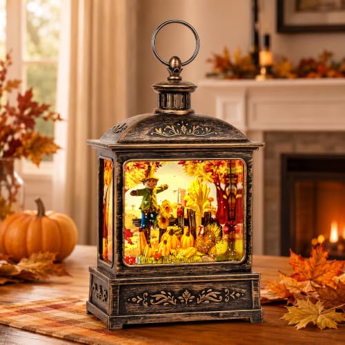 Fall Harvest Snow Globe Lantern with LED Glitter and Timer