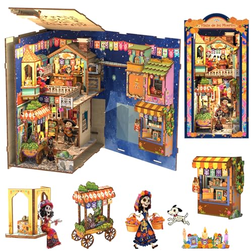 Mexican Plaza DIY Book Nook Kit, 3D Wooden Puzzle with LED Lights