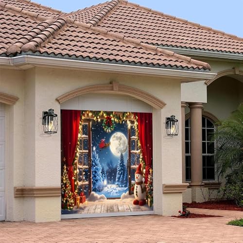 Leyiyi 7x8ft Christmas Garage Door Banner Decorations Santa Gifts Rustic Window
