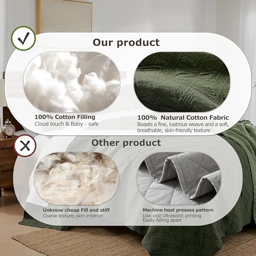 WDCOZY 100% Cotton King Size Quilt Set - Olive Green Lightweight Bedspread