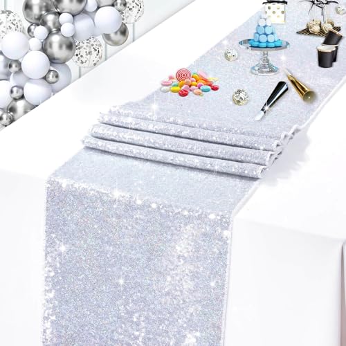 B-COOL 4 Pack Silver Sequin Table Runners 12x72 Inch for Wedding & Party Decor