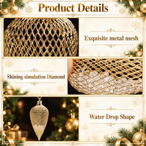 12 Pcs Golden Mesh Ball Christmas Ornaments – A Style, Hollow Hanging Decor 4x1.6in & 3x2in