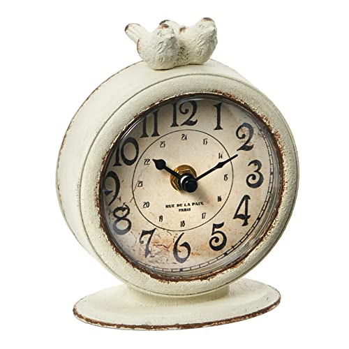 Vintage Pewter Mantel Clock with Bird Accents, Distressed Ivory Finish