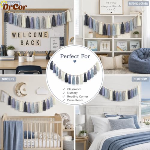 Dusty Blue Tassel Garland with Wood Beads - 35-Inch Boho Wall Decor