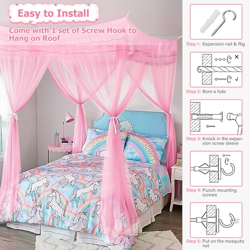Twin Size Bed Canopy Curtains with Fairy Lights & Glow Stars - Pink