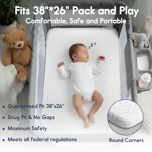 Waterproof Pack and Play Mattress 38" x 26" with Soft Cover & Carry Bag