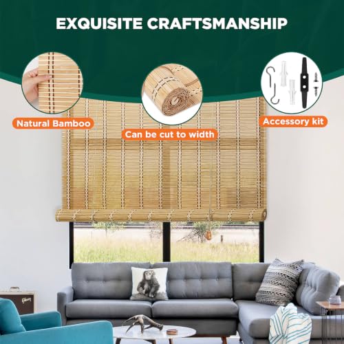 Bamboo Blinds for Indoor Windows - Roll Up Light Filtering, 23x48 in