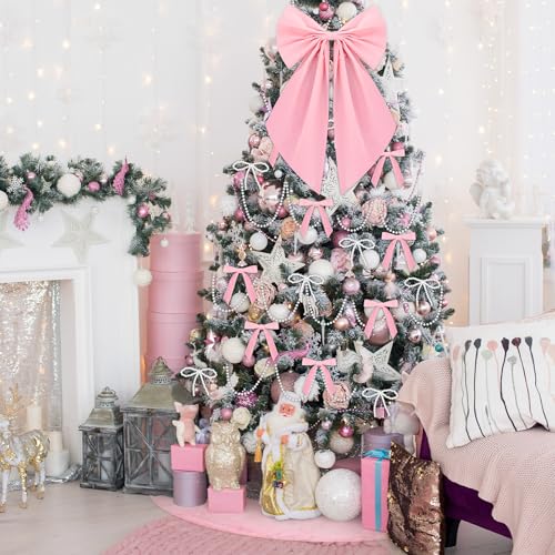 Pink Pearl Christmas Tree Decorations Set 31 Pcs with Velvet Bows, Pearls & Tree Skirt