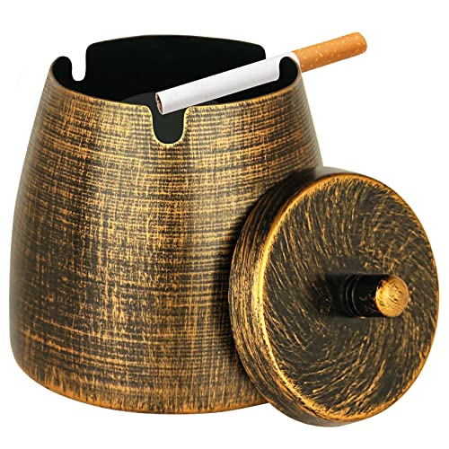 Small Retro Metal Ashtray with Lid - Windproof Outdoor Patio Ashtray