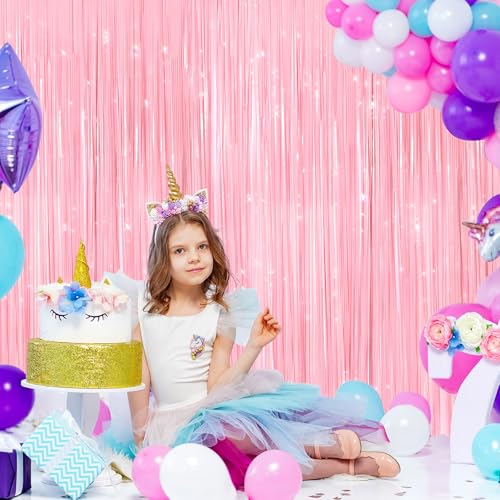 Pastel Pink Foil Fringe Curtains 2 Pack - Self-Adhesive Tinsel Backdrop