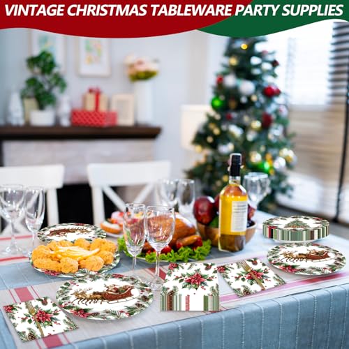 Vintage Christmas 100 Pcs Disposable Tableware Set – Serves 25, Santa Sleigh & Tree Plates, Napkins & Gold Forks (Tedercle, Variation: Vintage Christmas)