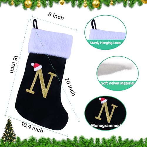 Sailup 20in Monogram Christmas Stocking N - Black Velvet with Plush Cuff, Large Letter N