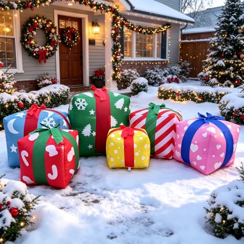 8FT Colorful Inflatable Christmas Gift Boxes Set with LED Lights, Holiday Yard Decor