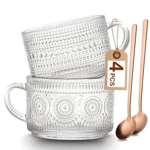 Mfacoy Translucent Vintage Coffee Mug Set of 2, 14 oz Embossed Glass Cups with Handle for Hot & Cold Beverages