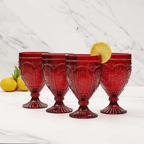 Red Ornate Glass Goblets, 12 oz Vintage Patterned Drinking Glasses, Set of 4