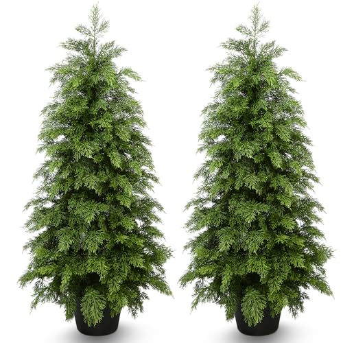 HABAGOU 3ft/2 Pack Artificial Cedar Topiary Trees - UV-Resistant Faux Pine for Outdoor & Indoor