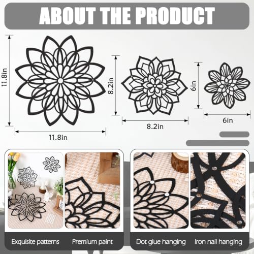 3-Piece Metal Flower Wall Art Set, Black Modern Farmhouse Decor