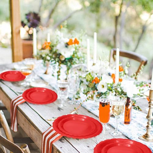 50 Pcs Red Scalloped Paper Plates 25 × 7'' and 9'' Disposable Dinner