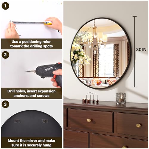 30-Inch Round Wall Mirror, Matte Black Aluminum Frame Vanity Mirror