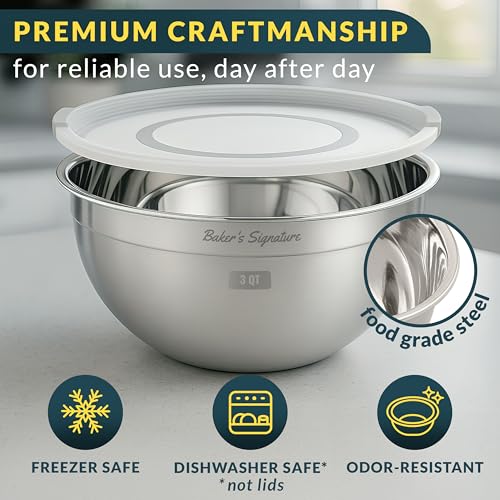 Stainless Steel Mixing Bowls with Lids Set of 3 - Nesting Prep & Storage Bowls