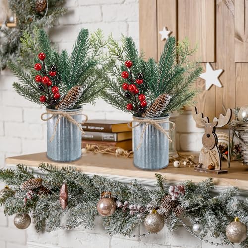 Winlyn 3-Pack Artificial Christmas Potted Plants - Rustic Holiday Decor