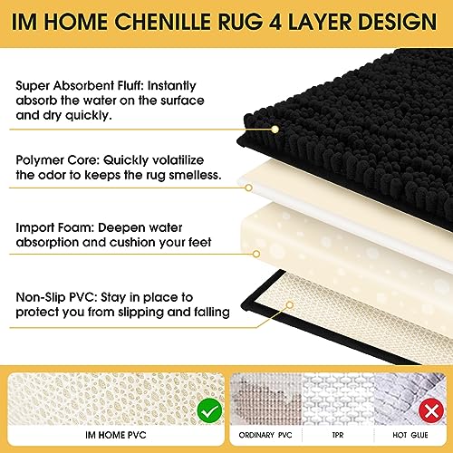 ACCUMTEK 3-Piece Extra Large Black Chenille Bath Mat Set Non-Slip