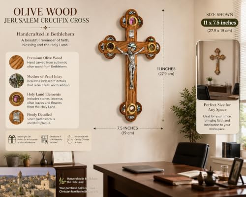 11 Inch Olive Wood Cross Wall Hanging from Bethlehem with Mother of Pearl & Jerusalem Stones - Christian Religious Decor Gift for Easter & Christmas