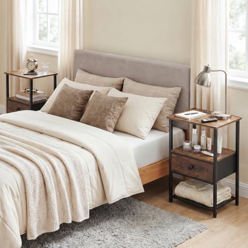 Nightstands Set of 2 with Charging Station, Fabric Drawer & Open Shelf