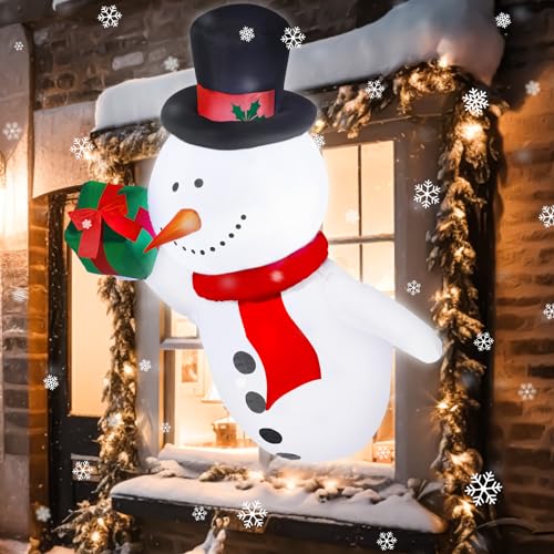Wettarn 3.5ft Lighted Christmas Inflatable Snowman with Gift Box – Window Decor