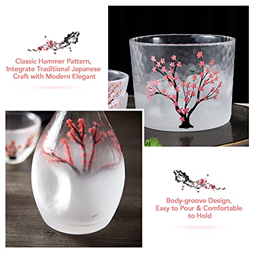 DUJUST Cherry Blossom Sake Set for 4 with Clear Glass Bottle & Cups - Pink Handcrafted Design