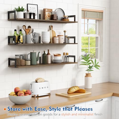 36-Inch Long Floating Wall Shelves, Set of 3 Rustic Wooden Storage Ledges