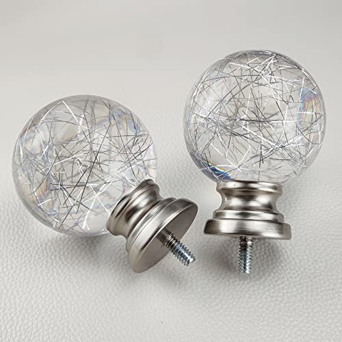 Decorative Round Curtain Rod Finials, Silver and Clear Polyresin, Set of 2