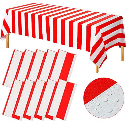Batiyeer 10 Pcs Carnival Theme Red & White Striped Plastic Tablecloths