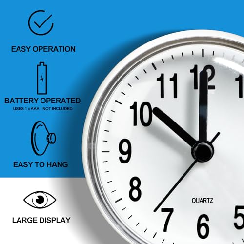 Waterproof Shower Clock with Suction Cup - Silent Battery Operated Wall Clock
