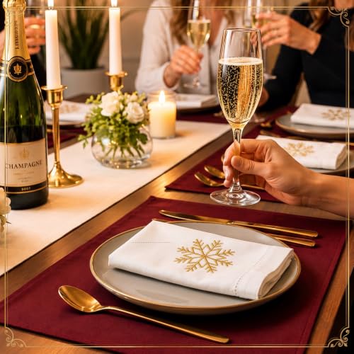 CrystalSylara 6-Pack Snowflake Embroidered Linen Napkins 18x18 inches — Festive Christmas Table Decor