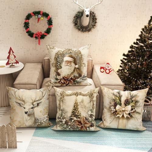 KOBERR Cream 18x18 Inch Holiday Throw Pillow Covers Set of 4 Vintage Christmas Linen