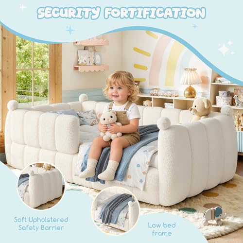 Twin Size Montessori Floor Bed with Teddy Fleece Padded Safety Rails