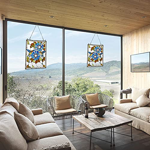 Capulina Handmade Stained Glass Window Panel with Sunflower & Bird Design