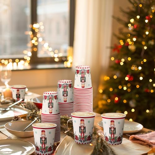 WRAPAHOLIC 9oz Christmas Nutcracker & Poinsettia Paper Cups - 50 Pack