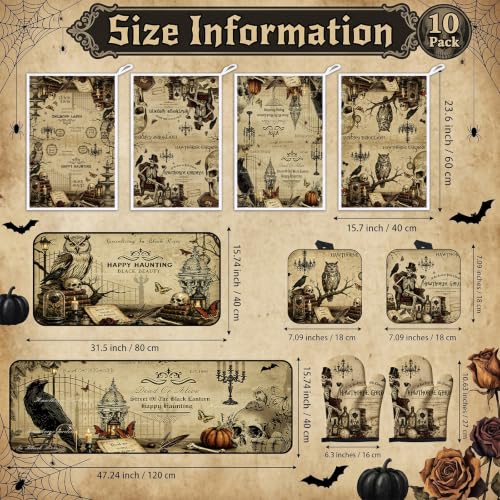 10-Piece Gothic Skull Kitchen Decor Set: Rugs, Towels, Mitts & Pot Holders