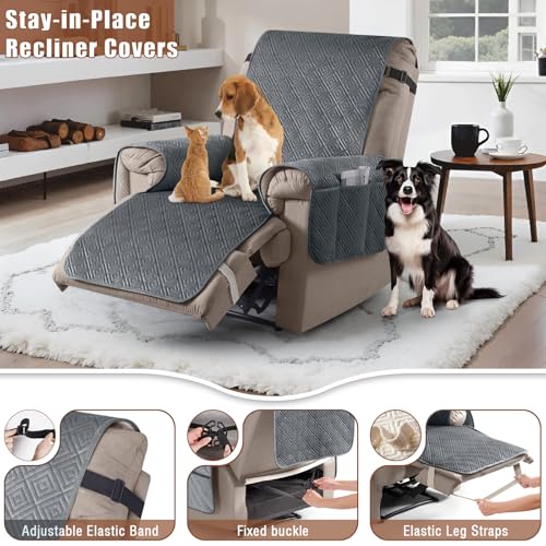 Waterproof Recliner Covers - Washable Stretch Slipcovers, Gray - 23"