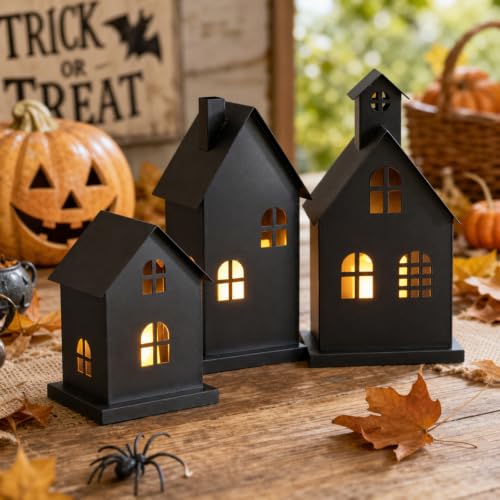 3-Piece Halloween Haunted House Village Set with LED Candles, Black Iron