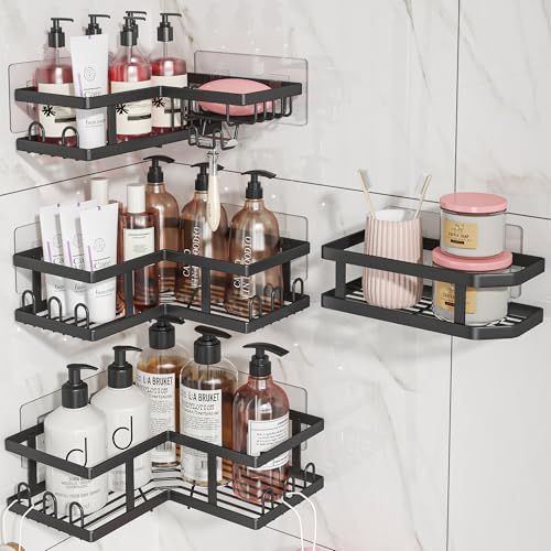 Black Corner Shower Caddy Organizer Rustproof No Drilling 4-Pack