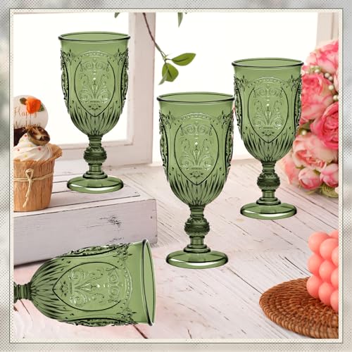 48 Pcs Plastic Vintage Embossed Wine Goblets, 7.5oz Olive Green Stemware