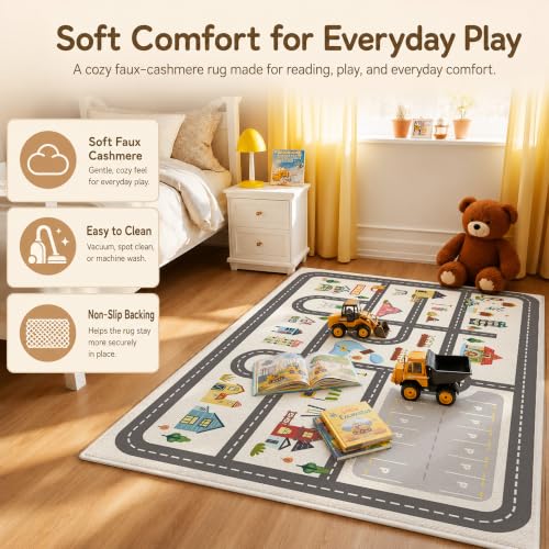 Kids Town Road Play Rug, 5x7 Ft Faux Wool Interactive Car Map for Playroom