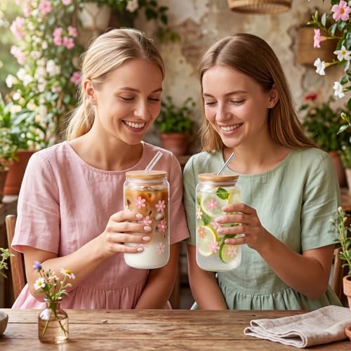 Daisy Flower Glass Cup with Bamboo Lid and Straw - 16 oz Iced Coffee Mug