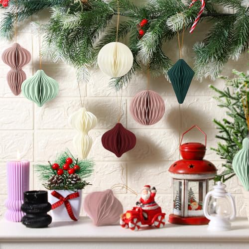 24 Pcs Christmas Honeycomb Ornaments - 3D Holiday Decorations for Xmas Tree & Party